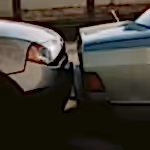 A close-up view showing the aftermath of a rear-end car collision in an outdoor setting.
