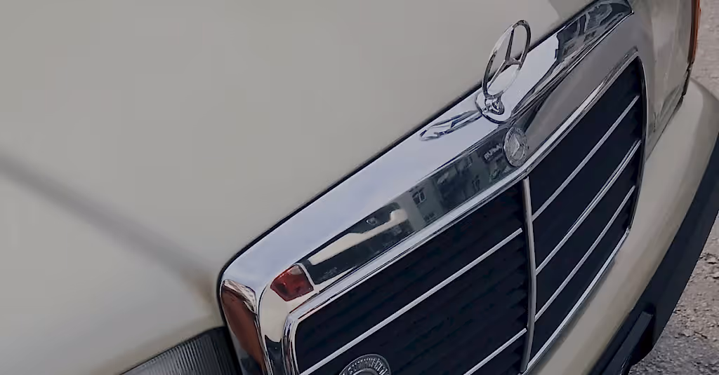 Detailed shot of a classic car grille with emblem, showing vintage design in an urban setting.